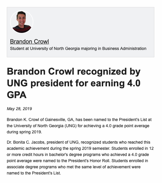 A screenshot of UNG's recognition for Brandon Crowl on his MeritPages profile